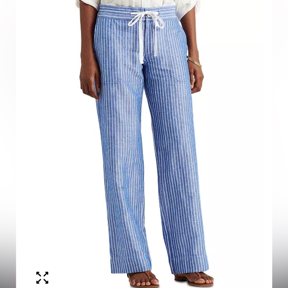 Ralph Lauren Blue & White Striped Wide-Leg Drawstring Pants